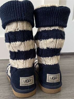 UGG Navy & Cream Striped Knit Fold-Over Boots